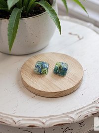 Fused Blue Dichroic Glass Stud Earrings, Square Ocean Post Jewelry, Stainless Steel Minimalist Posts