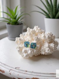 Fused Blue Dichroic Glass Stud Earrings, Square Ocean Post Jewelry, Stainless Steel Minimalist Posts