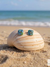 Fused Blue Dichroic Glass Stud Earrings, Square Ocean Post Jewelry, Stainless Steel Minimalist Posts