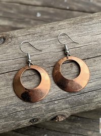 Round Copper Hoop Earrings - Boho Earrings, Handcrafted Hammered Dangles
