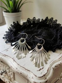 Boho Silver Plated Fringe Paddle Earrings, Sterling Silver Wires, Artisan Chandelier Dangles