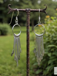 Sterling Silver Fringe Paddle Earrings, Handcrafted Boho Dangles, Unique Metallic Statement Drops