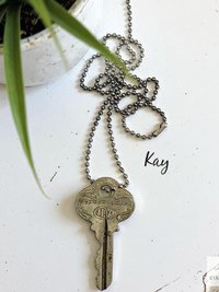 Antique Brass Key Necklace, 1920s Repurposed Pendant, Gunmetal Ball Jewelry