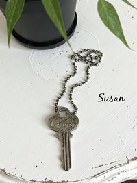 Antique Brass Key Necklace, 1920s Repurposed Pendant, Gunmetal Ball Jewelry