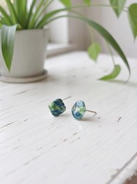 Fused Blue Dichroic Glass Stud Earrings, Square Ocean Post Jewelry, Stainless Steel Minimalist Posts