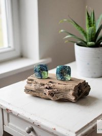 Fused Blue Dichroic Glass Stud Earrings, Square Ocean Post Jewelry, Stainless Steel Minimalist Posts