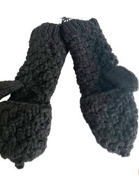 Hand-Knit Black Wool Mittens with Wooden Buttons - Convertible Fingerless Gloves