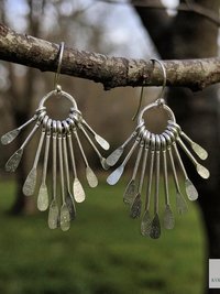 Boho Silver Plated Fringe Paddle Earrings, Sterling Silver Wires, Artisan Chandelier Dangles