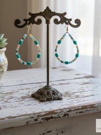Boho Teardrop Earrings with Turquoise Beads - Antique Gold Dangle Jewelry