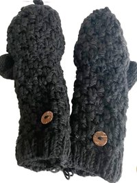 Hand-Knit Black Wool Mittens with Wooden Buttons - Convertible Fingerless Gloves