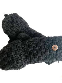 Hand-Knit Black Wool Mittens with Wooden Buttons - Convertible Fingerless Gloves