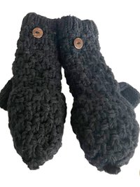 Hand-Knit Black Wool Mittens with Wooden Buttons - Convertible Fingerless Gloves