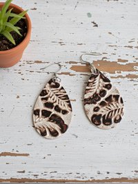 Brown Floral Leather Teardrop Earrings - Hand Tooled Cream Leaf Dangles
