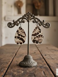 Brown Floral Leather Teardrop Earrings - Hand Tooled Cream Leaf Dangles