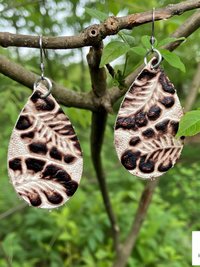 Brown Floral Leather Teardrop Earrings - Hand Tooled Cream Leaf Dangles