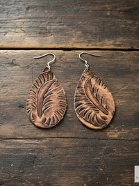 Hand Tooled Brown Leather Teardrop Earrings, Floral Embossed Genuine Leather Western Dangles