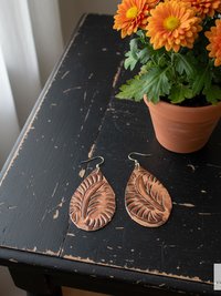 Hand Tooled Brown Leather Teardrop Earrings, Floral Embossed Genuine Leather Western Dangles