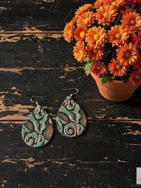 Boho Leather Teardrop Earrings - Handcrafted Turquoise Colored Dangles
