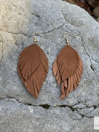 Handcrafted Brown Suede Feather Earrings, Layered Fringe Drops, Gold Plated Boho Statement Dangles