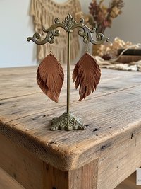 Handcrafted Brown Suede Feather Earrings, Layered Fringe Drops, Gold Plated Boho Statement Dangles