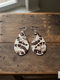 Brown Floral Leather Teardrop Earrings - Hand Tooled Cream Leaf Dangles