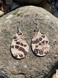 Brown Floral Leather Teardrop Earrings - Hand Tooled Cream Leaf Dangles