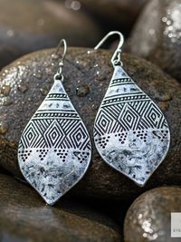 Silver Hammered Tribal Earrings - Geometric Ethnic Drop Earrings