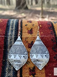 Silver Hammered Tribal Earrings - Geometric Ethnic Drop Earrings
