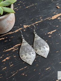 Silver Hammered Tribal Earrings - Geometric Ethnic Drop Earrings
