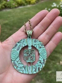 Brass Patina Circle Necklace, Boho Verdigris Pendant, Tribal Green Bronze Statement
