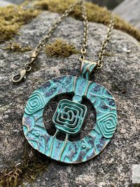 Brass Patina Circle Necklace, Boho Verdigris Pendant, Tribal Green Bronze Statement