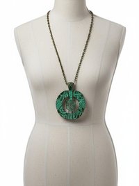 Brass Patina Circle Necklace, Boho Verdigris Pendant, Tribal Green Bronze Statement