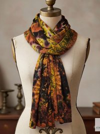 A colorful scarf with a tie-dye pattern in shades of orange, yellow, purple, and black is draped on a mannequin. The scarf is made of a soft, flowing fabric and has a unique, artistic design. The scarf is a fashion accessory.