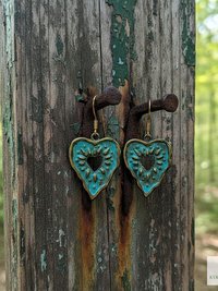 Rustic Patina Brass Heart Sunburst Earrings: Boho Jewelry