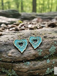 Rustic Patina Brass Heart Sunburst Earrings: Boho Jewelry