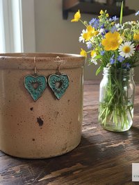 Rustic Patina Brass Heart Sunburst Earrings: Boho Jewelry