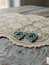 Rustic Patina Brass Heart Sunburst Earrings: Boho Jewelry