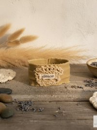 Amen Boho Cuff Bracelet – Cotton Fabric, Vintage Crochet, Button Closure