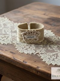 Amen Boho Cuff Bracelet – Cotton Fabric, Vintage Crochet, Button Closure