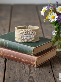 Amen Boho Cuff Bracelet – Cotton Fabric, Vintage Crochet, Button Closure