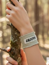 GROOVY Beige Fabric Cuff Bracelet - Vintage Button Textile Wristband