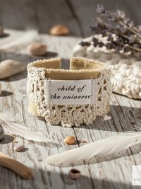 Child of the Universe Boho Cuff Bracelet – Cotton Fabric, Vintage Crochet, Button Closure