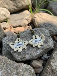 Crochet Dangle Earrings – Vintage Fabric, Inspirational "Faith" Boho Jewelry