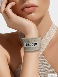 GROOVY Beige Fabric Cuff Bracelet - Vintage Button Textile Wristband