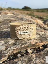 Amen Boho Cuff Bracelet – Cotton Fabric, Vintage Crochet, Button Closure