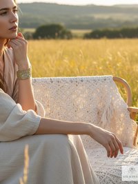 Amen Boho Cuff Bracelet – Cotton Fabric, Vintage Crochet, Button Closure