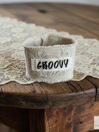 GROOVY Beige Fabric Cuff Bracelet - Vintage Button Textile Wristband