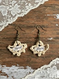 Crochet Dangle Earrings – Vintage Fabric, Inspirational "Faith" Boho Jewelry