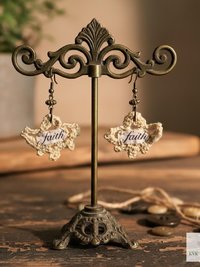 Crochet Dangle Earrings – Vintage Fabric, Inspirational "Faith" Boho Jewelry