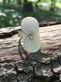 Blue/Gray Mother of Pearl Three Circular Ring Accented with Swarovski Rhinestones